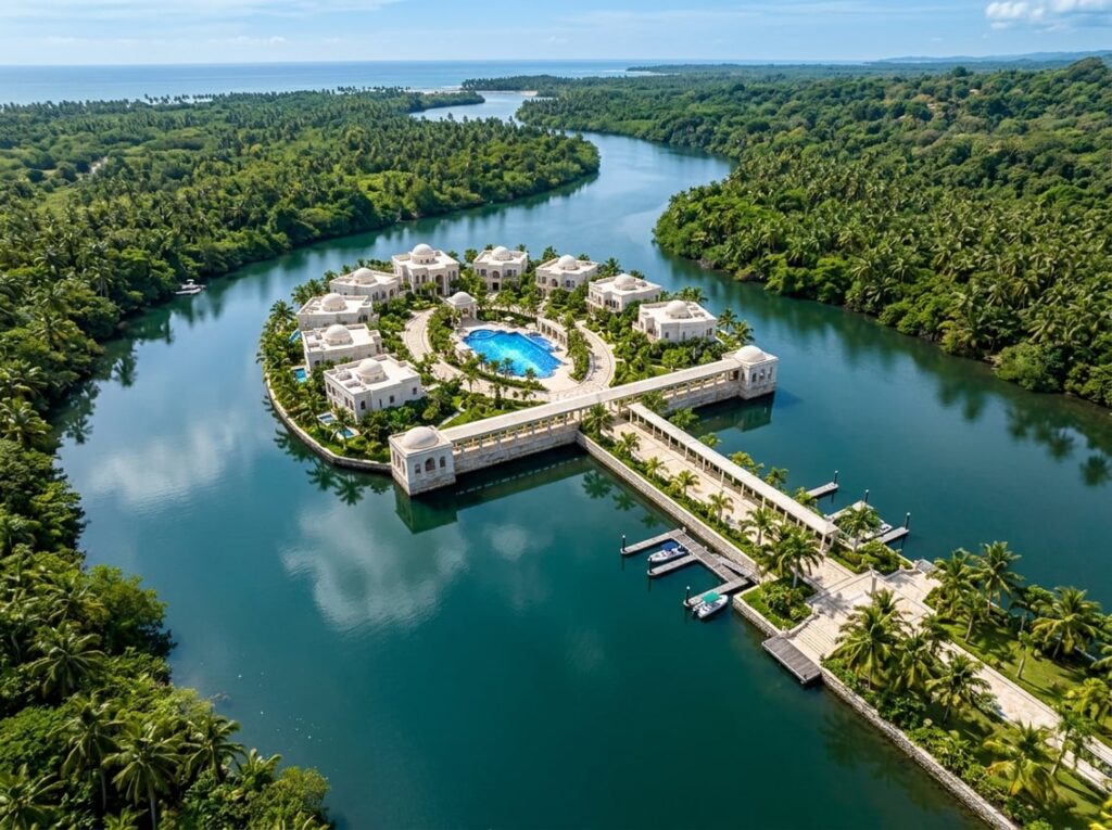 A private island hotel shaped like an ankh symbol on a river, with white villas around the loop, bridge-like pathways across the crossbar, and a glowing blue tiled pool in the center.