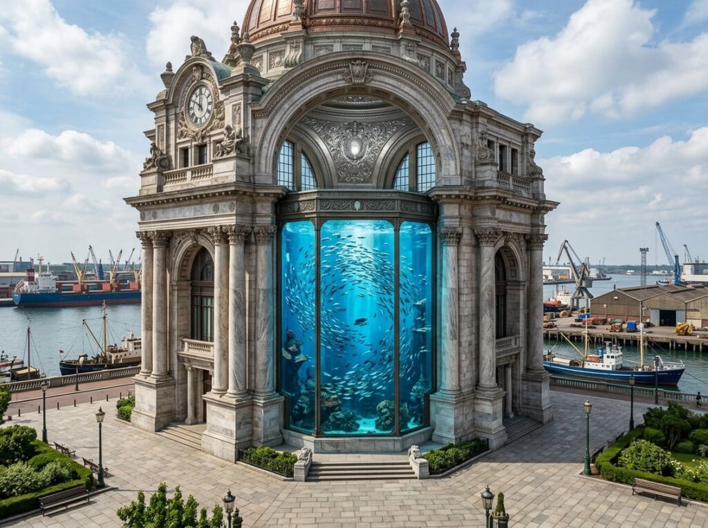 Exterior of a grand former stock exchange building near a busy port, featuring marble columns and a large aquarium shaped like a trading pit with fish inside.