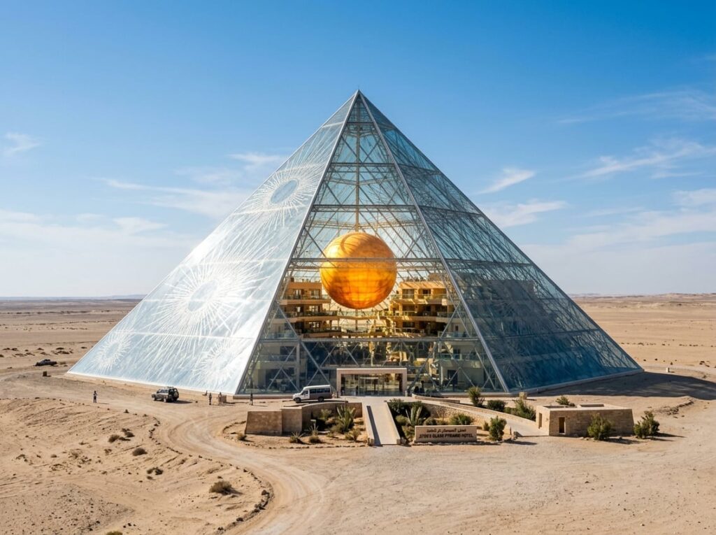 A transparent glass pyramid hotel standing alone on a pale desert plain with a large golden sun sphere visible inside.