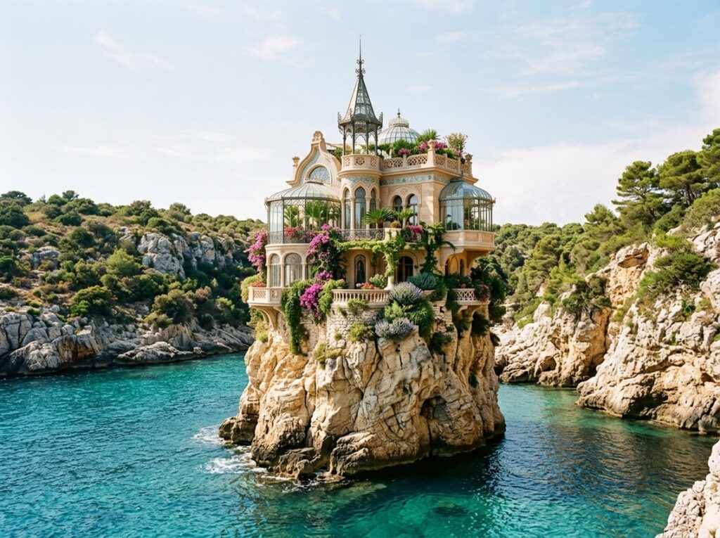 A slender hotel atop a golden limestone sea stack surrounded by clear turquoise water, featuring glass conservatories and balconies with climbing vines.