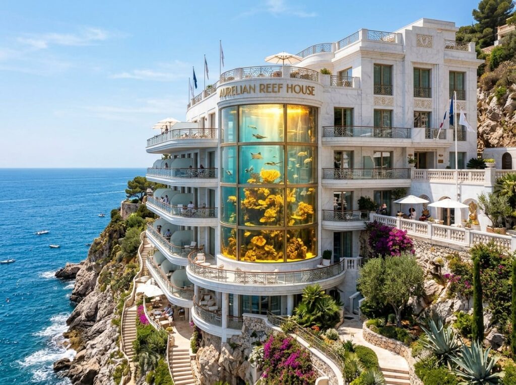 A white marble hotel on a terraced Mediterranean cliff with a large cylindrical aquarium filled with golden coral and rays, surrounded by curved balconies and overlooking the sea.