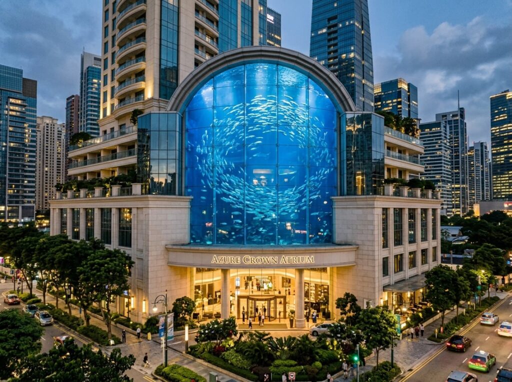 Exterior view of a glass and limestone hotel in a city, featuring a large vaulted aquarium ceiling with silver fish swimming inside above the entrance.