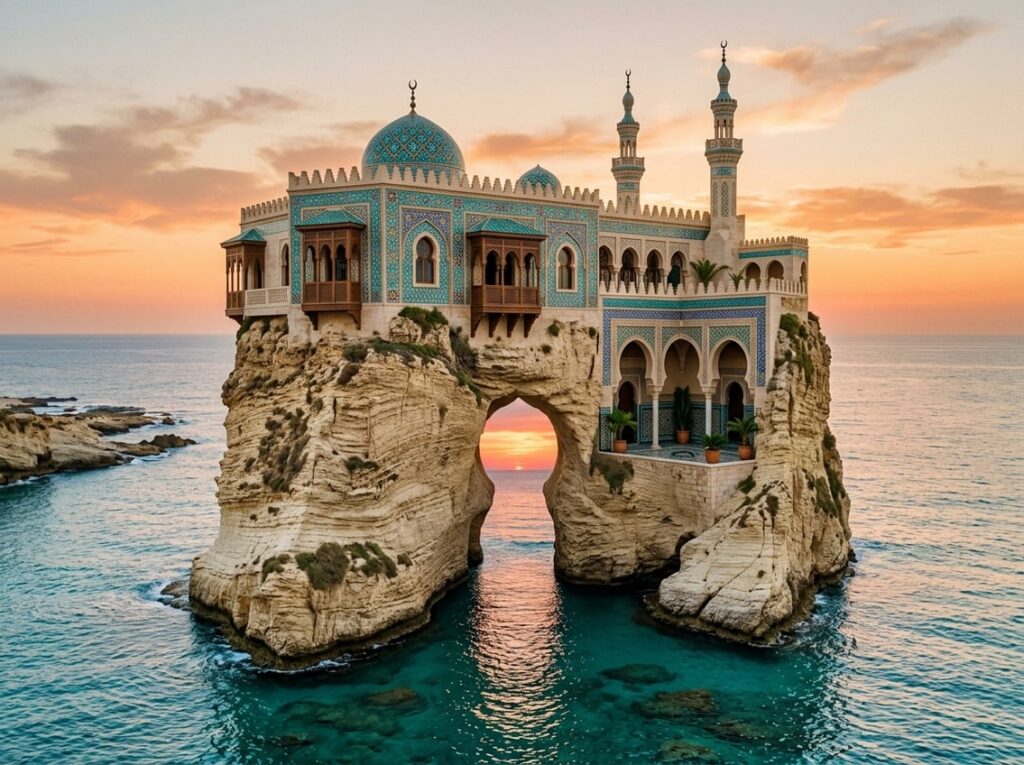 A Moorish-style hotel with turquoise tiles built on a cream-colored sea stack by a clear blue sea, featuring slender minarets and a large keyhole-shaped window framing a sunset over the water.