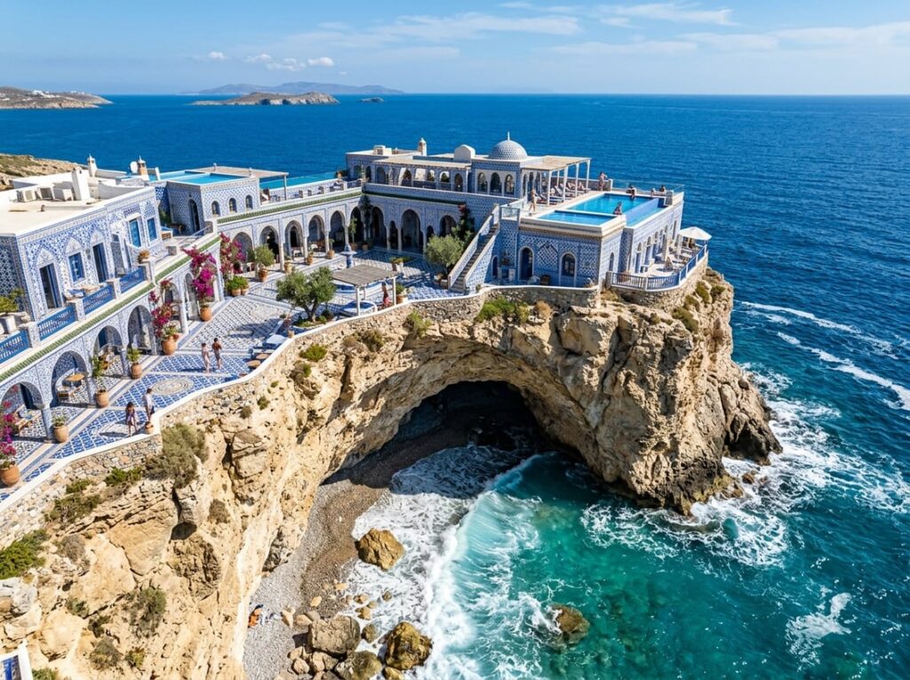 A blue-and-white mosaic hotel with open courtyards and tiled arcades on a sun-bleached sea cliff, overlooking turquoise waves curling under a crescent-shaped notch in the rock.