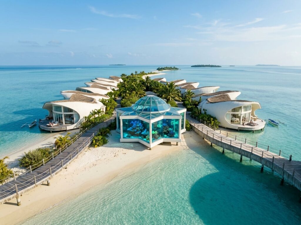 Exterior view of a resort on a sandbar with white villas arranged around a central glass building containing a star-shaped aquarium filled with blue corals and glowing plankton.