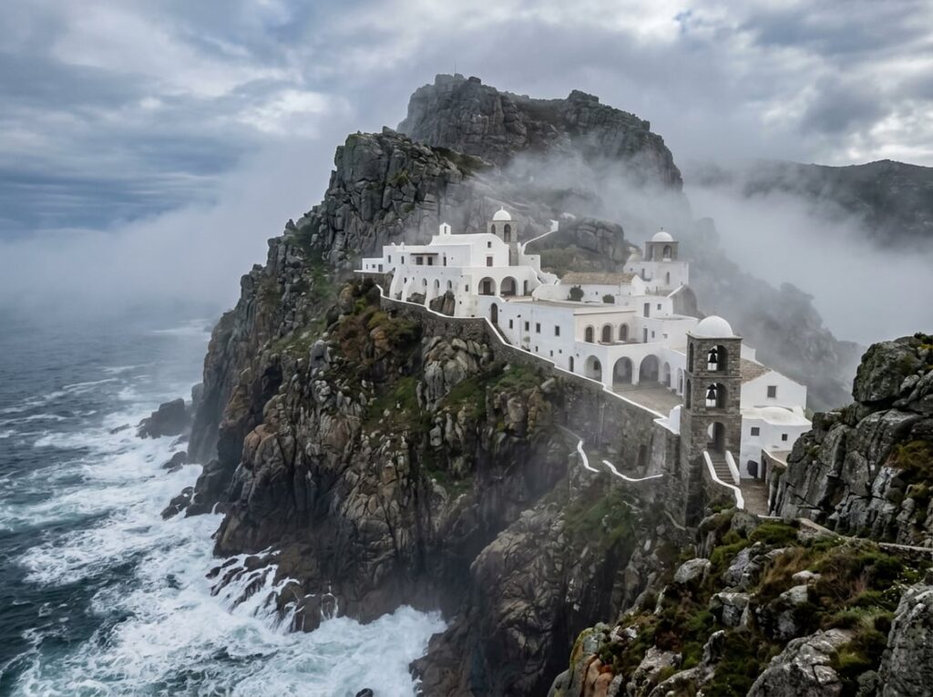 A whitewashed hotel resembling a cliff monastery built on terraces of a granite sea stack surrounded by mist and clouds, overlooking crashing ocean waves.