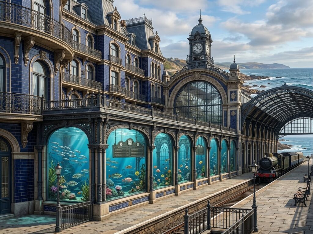 Exterior view of a seaside hotel next to a restored railway terminal with ironwork, navy-blue tiles, a long aquarium with fish, vintage departure boards, and arched windows.
