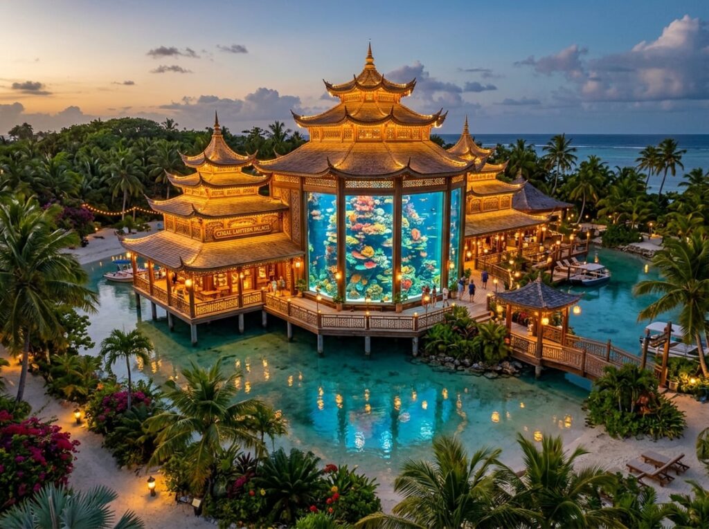 An island resort with pagoda-style roofs surrounded by palm trees, featuring a large glowing indoor reef tank with colorful chambers resembling a lantern.