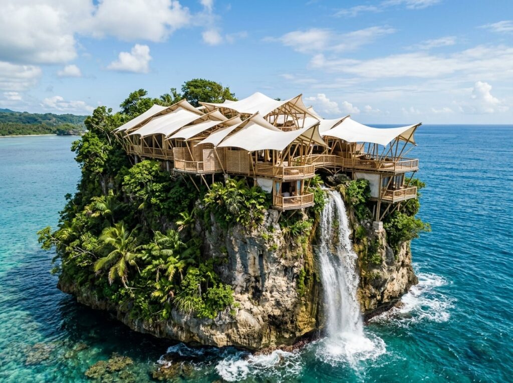 A bamboo and canvas hotel atop a tropical sea stack with sail-like canopies and a waterfall flowing down the cliff into the ocean.