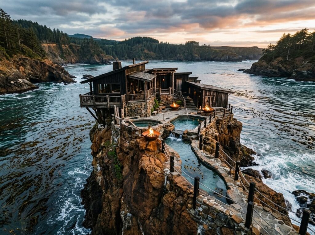 A bathhouse hotel made of dark wood sits on a rust-colored rocky sea stack above a bay filled with green kelp, featuring open terraces with fire bowls and channels carved into the rock that fill with seawater.