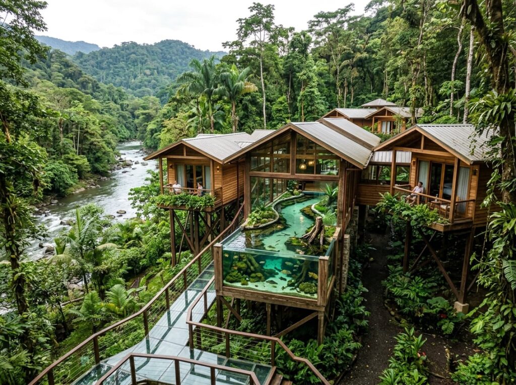 Exterior of a lodge with cedar cabins connected by glass walkways, surrounded by dense rainforest and featuring a large indoor aquarium with freshwater fish visible through glass walls.
