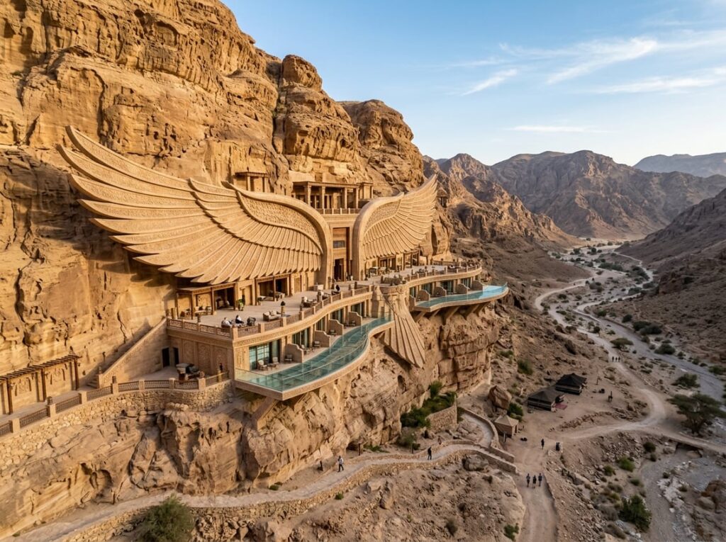 A cliffside hotel carved into ocher sandstone above a remote valley, with wing-shaped terraces and glass balconies overlooking ancient stone paths below.