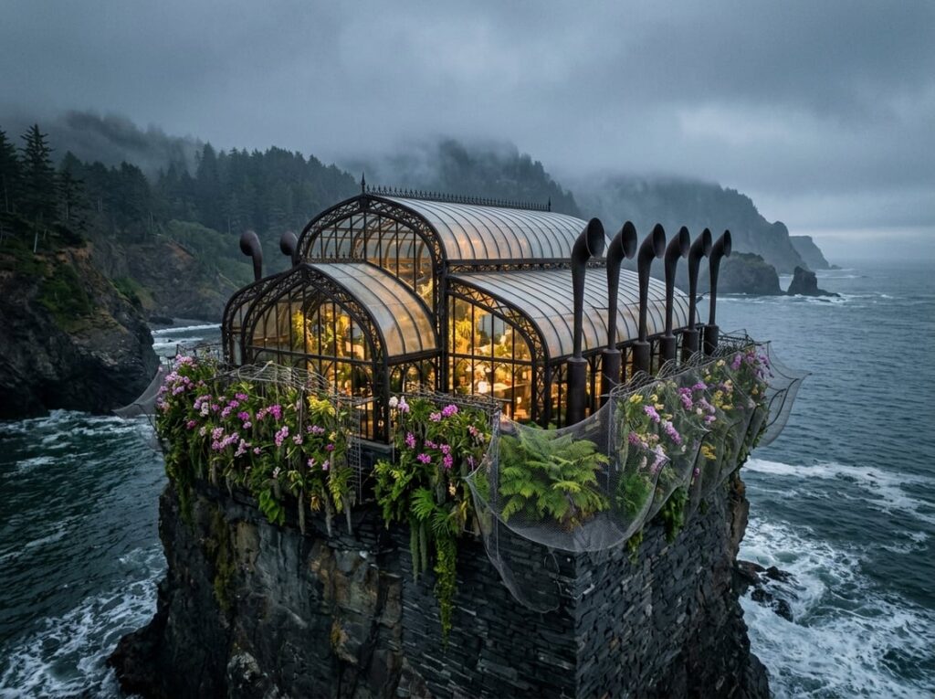A botanical hotel with dark iron framework and translucent roof panels sits atop a flat slate sea stack by a misty temperate coast, surrounded by hanging orchid gardens and sculptural horn-like vents.