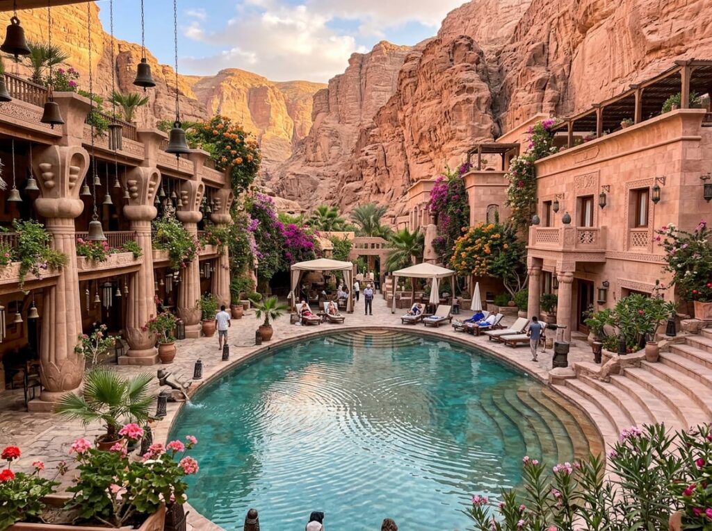 A courtyard hotel in a rose-colored canyon with columns shaped like sistra, balconies with hanging bronze bells, and a central pool with rippling water patterns.