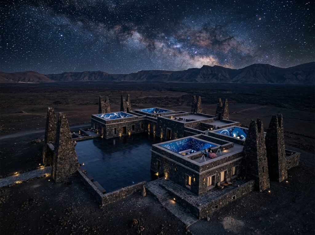 A remote hotel on a black volcanic plateau with unique jackal-eared pillars, dark stone courtyards, and rooftop rooms decorated with constellation patterns under a starry night sky.