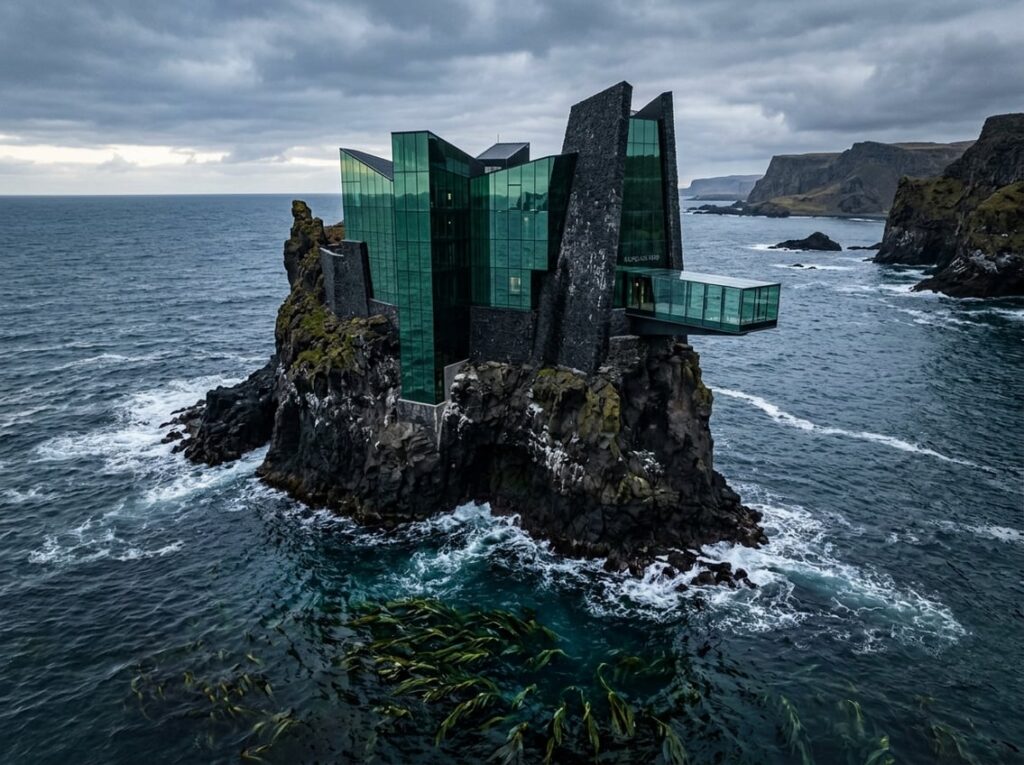 A modern hotel made of green glass and dark stone on a rocky sea stack surrounded by kelp forests and blue ocean water, with a clear observation deck extending over the sea.