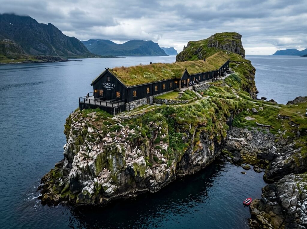 A Nordic longhouse with a grass roof on top of a green rocky sea stack by cold northern water, with puffins nesting on ledges below.