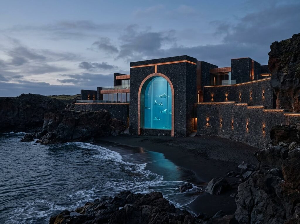 Exterior of a hotel made of dark stone walls with copper lighting at the edge of a black-sand bay, featuring a large arched water tank where manta rays swim.