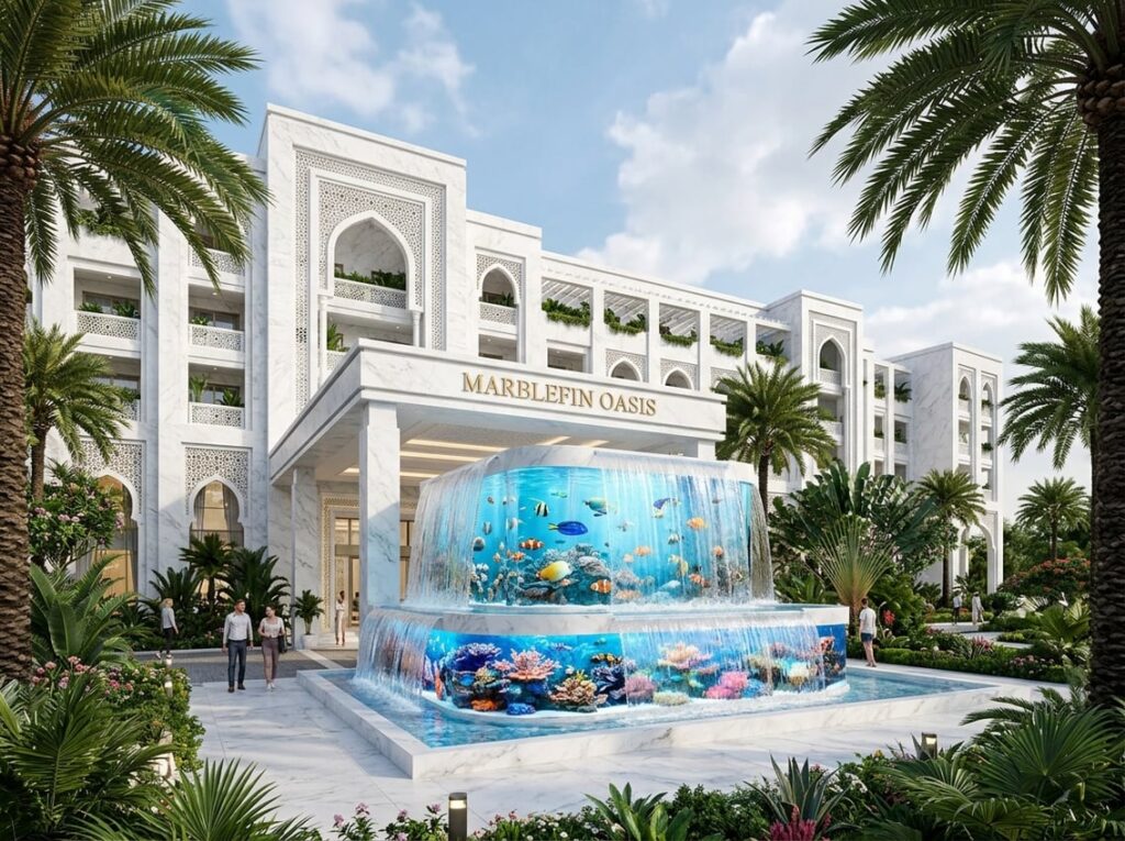 A white marble hotel surrounded by palm trees with a large indoor aquarium fountain featuring cascading water and tropical fish inside.
