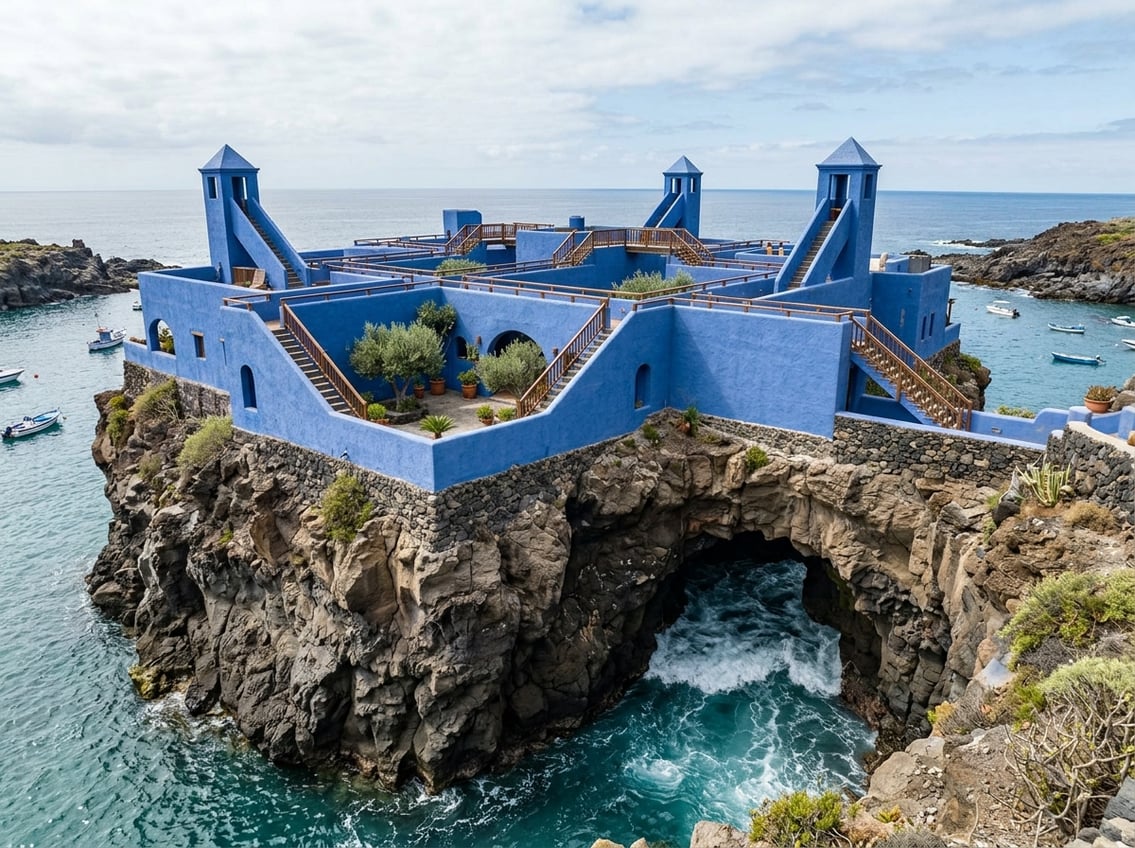 A cobalt blue maze-like hotel built on a volcanic sea stack surrounded by calm waters, featuring stepped rooftop paths, blue stair towers, hidden courtyards, and a natural tidal tunnel at the rock’s base.