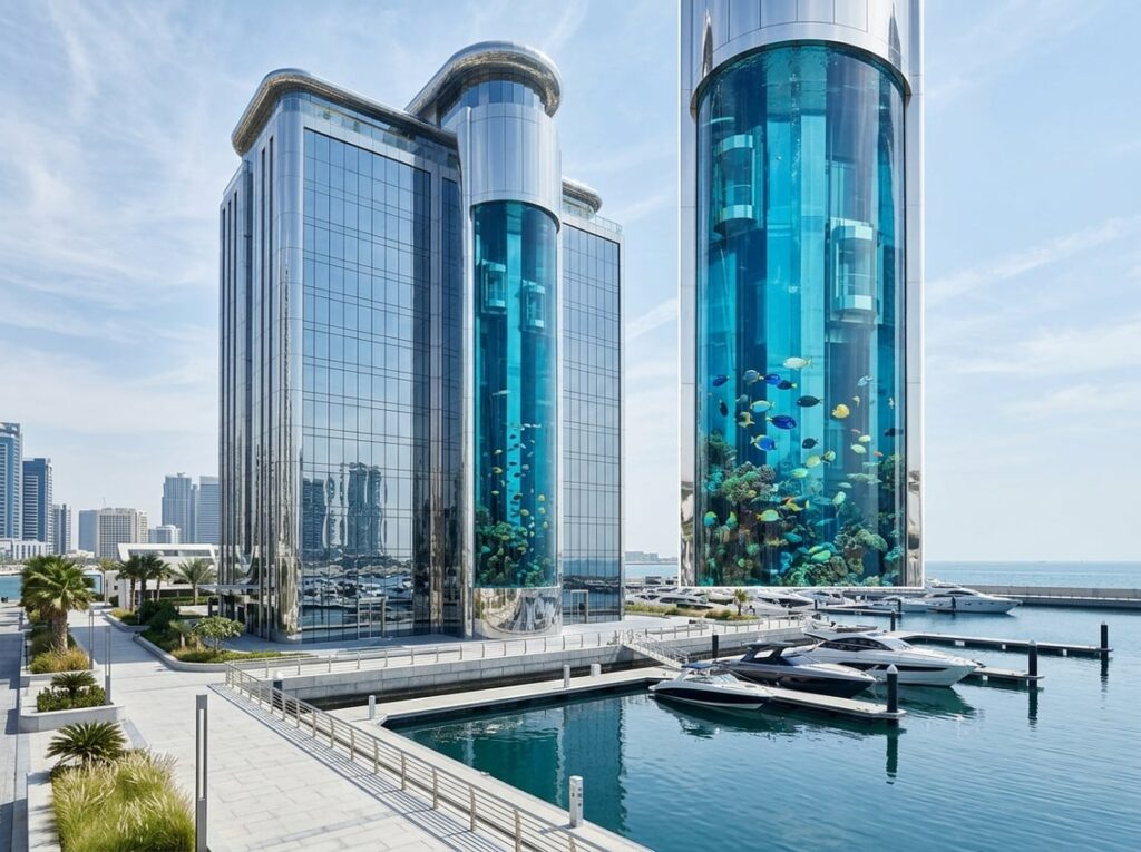 A tall chrome and glass hotel tower next to a marina, featuring a large vertical aquarium with elevators inside, surrounded by calm water and docked boats.