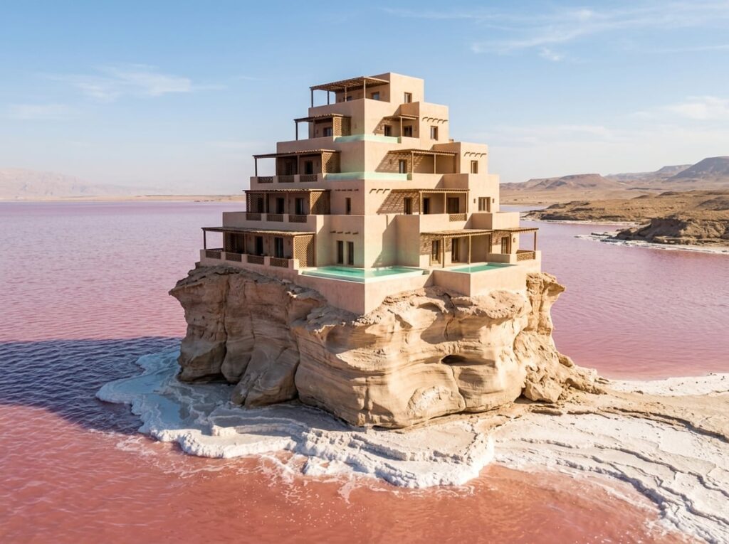 A pale adobe ziggurat hotel sits atop a smooth saltstone sea stack surrounded by bright white mineral shelves and a pink saltwater gulf under a clear desert sky.