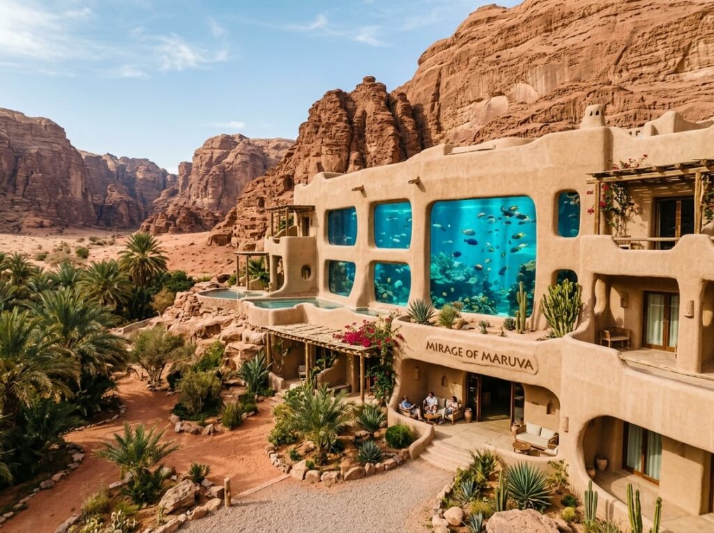 A sand-colored adobe hotel at the edge of a red-rock desert oasis with a large aquarium wall showing turquoise water and fish inside.