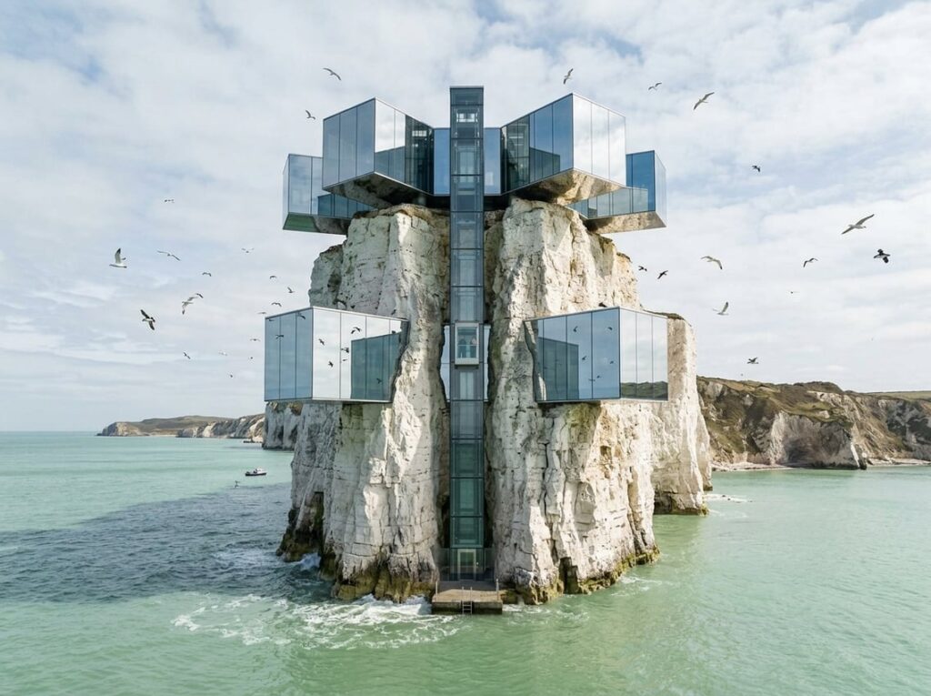A minimalist hotel made of mirrored cubes extends from a tall white sea stack rising from pale green water, with a glass elevator visible inside the hollow center of the rock.