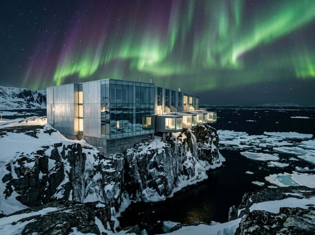 A modern hotel made of frosted glass and steel sits on an icy rocky sea stack overlooking dark Arctic waters with drifting ice and colorful northern lights in the sky.
