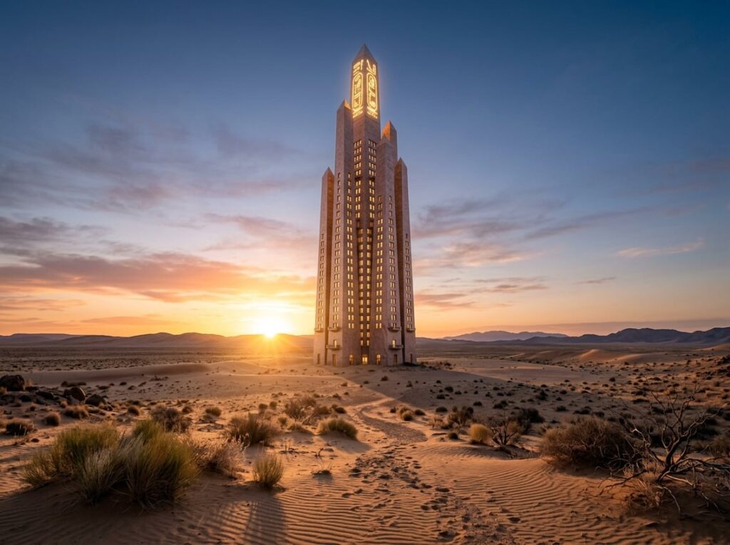 A slender cluster of rose-granite obelisks rising from a desert plateau with the sun rising behind them and a glowing hieroglyphic crown at the top of the tallest obelisk.