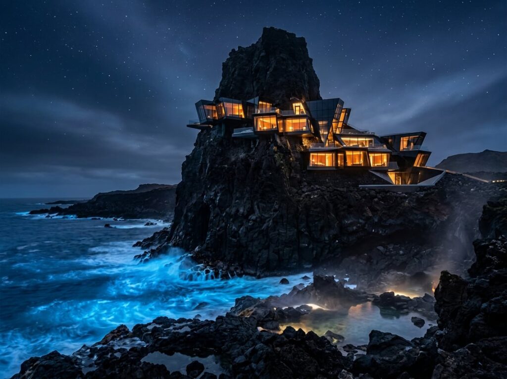 A black-glass hotel with glowing amber windows built into a tall obsidian sea stack on a volcanic island, overlooking steaming tide pools and bright neon-blue ocean waves at night.