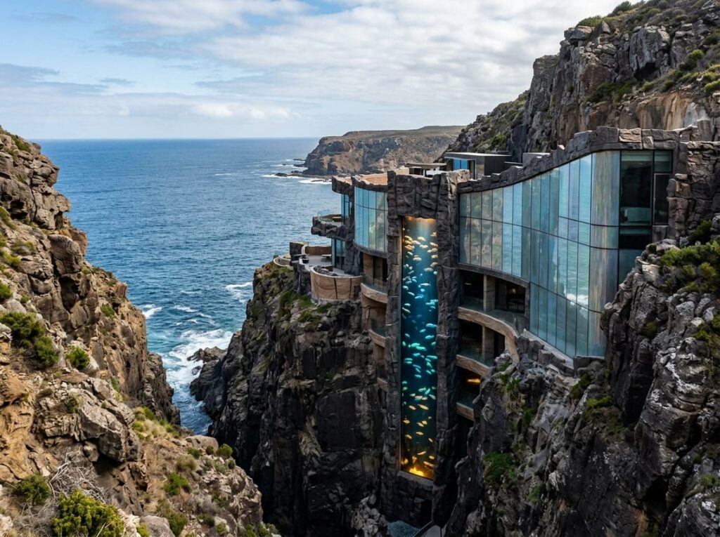 A hotel carved into a steep coastal canyon with stone walls, opalescent glass panels, and a tall vertical aquarium filled with glowing fish, surrounded by rocky cliffs and ocean in the background.