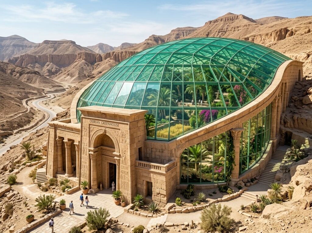 Exterior view of a glass and stone hotel with an emerald green roof, surrounded by palm trees, grain beds, and flowering vines inside a lush indoor garden in a dry valley.