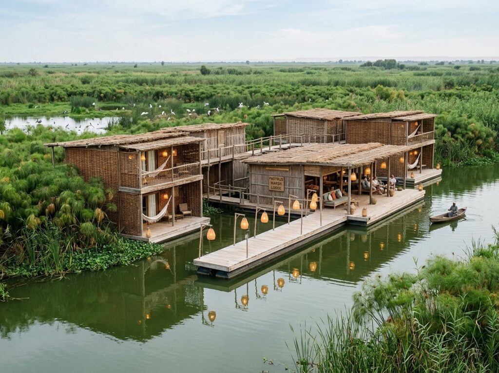 Floating eco-hotel with reedlike bronze screens and wooden platforms surrounded by papyrus plants and lanterns reflecting on calm green marsh water.