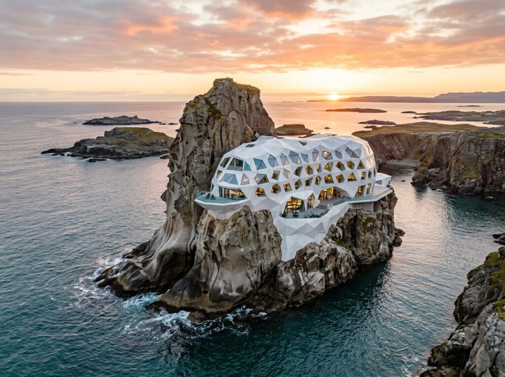 A white faceted hotel built into a sharp sea stack with smooth curved cliffs, overlooking a calm ocean at sunrise.