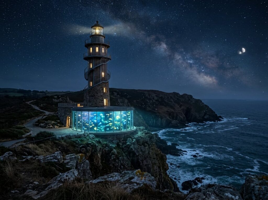 A lighthouse-inspired hotel tower on a rocky coastal cape with a glowing round lobby containing a deep-sea aquarium filled with lanternfish and jellyfish.