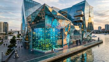 A faceted glass hotel with an angular aquarium on the waterfront, featuring colorful light patterns and tropical fish visible through the glass.