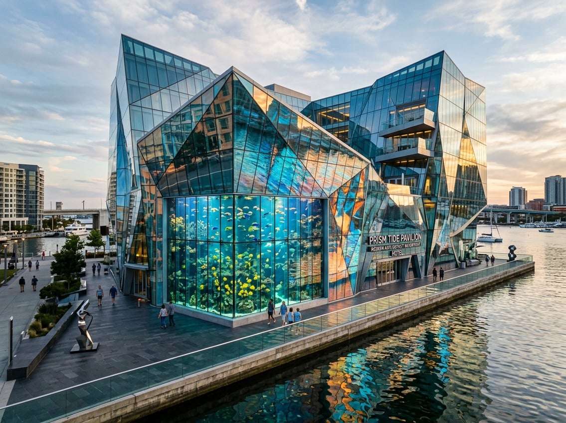 A faceted glass hotel with an angular aquarium on the waterfront, featuring colorful light patterns and tropical fish visible through the glass.