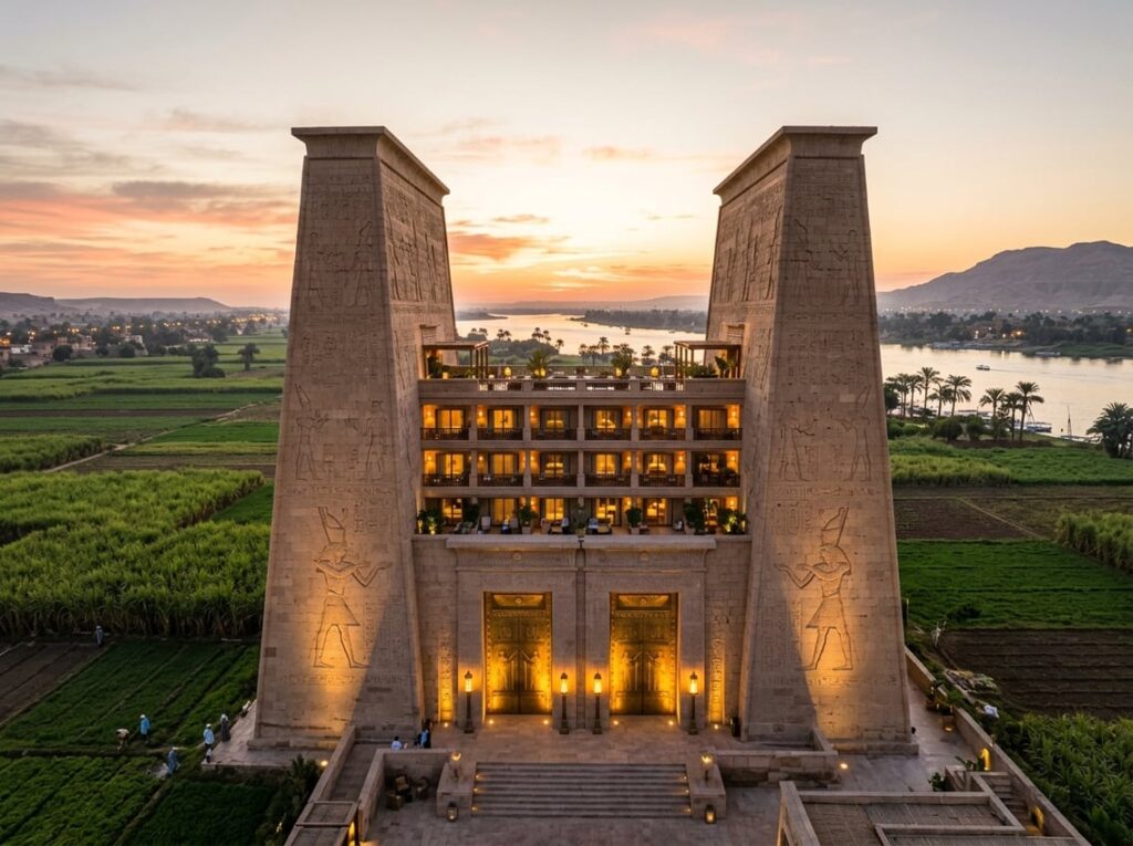 A hotel built between two large sloped pylons overlooking cultivated fields at sunrise, with golden doors and glowing elevated suites near the Nile River.