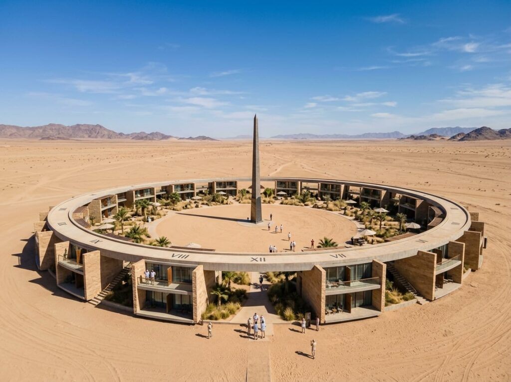 A circular hotel in the desert with suites arranged like a sundial and a tall obelisk casting a shadow in the center while guests watch.