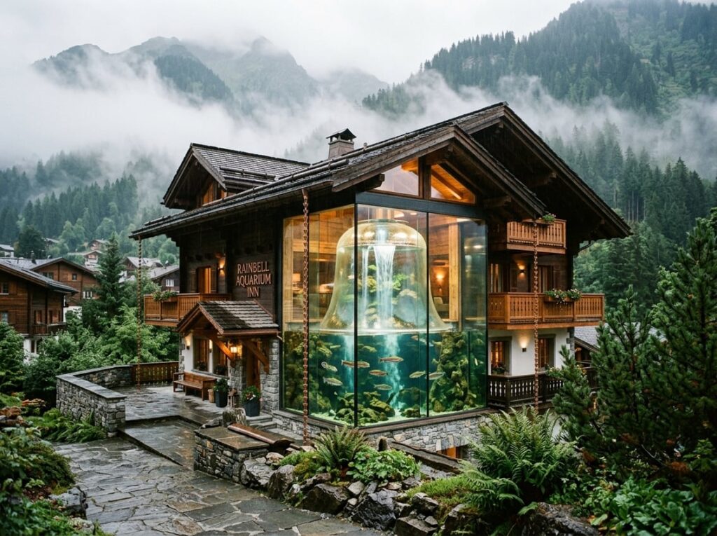 Exterior of a mountain inn with chalet roofs, copper rain chains, and a large bell-shaped indoor aquarium with freshwater cascades and rainbow trout, set among misty trees.