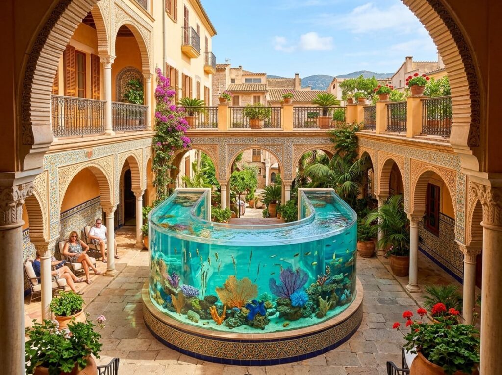 A colorful courtyard hotel with Moorish arches and hand-painted tiles surrounding a large horseshoe-shaped aquarium filled with seahorses, pipefish, and colorful coral.