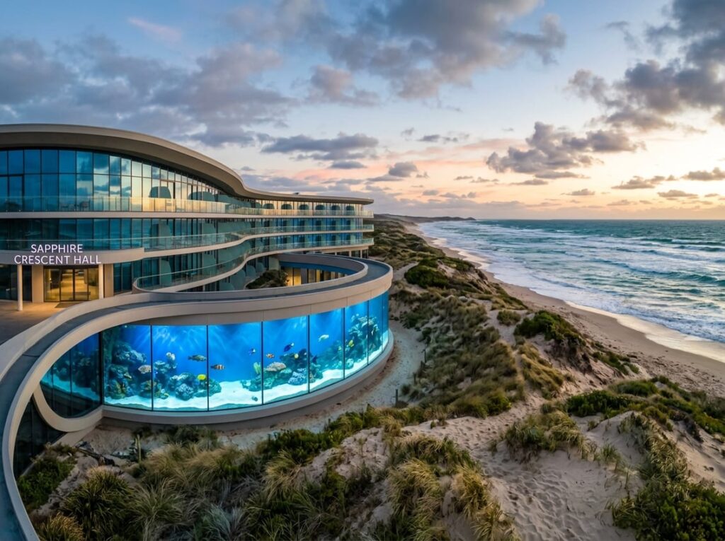 A crescent-shaped hotel with blue glass verandas on sandy dunes by the coast, featuring a large curved aquarium filled with rays and reef fish.