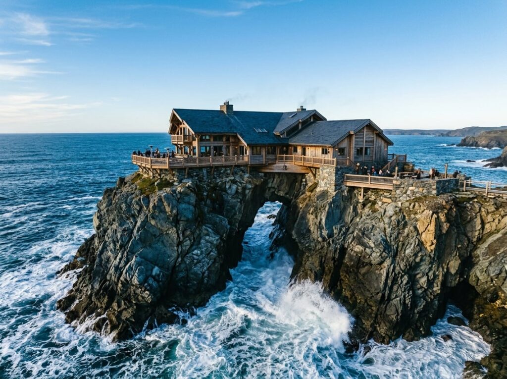 An alpine-style lodge with steep roofs and cedar decks sits atop a tall rocky sea stack surrounded by ocean waves flowing through a cleft beneath the building.