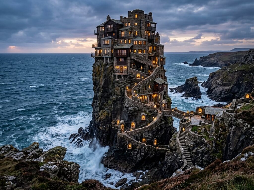 A stone hotel built around a tall sea stack on a rocky coastline, with stairways, small plazas, and lanterns descending toward the ocean below.