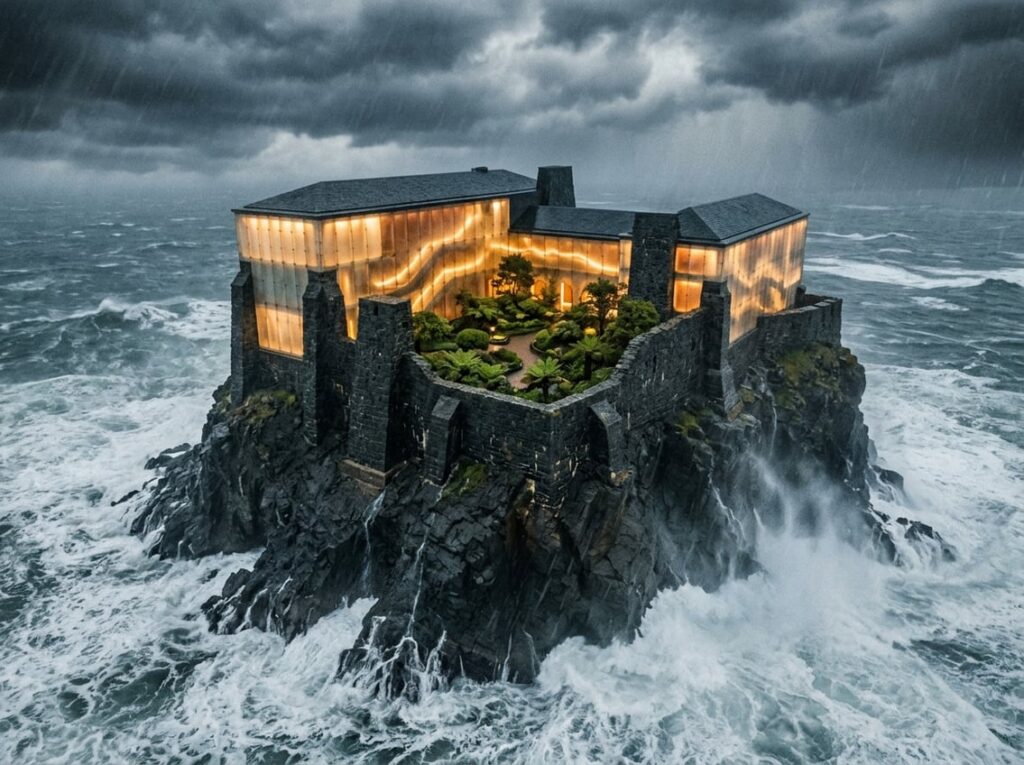 A hotel with glowing translucent walls and dark stone supports sits atop a rocky sea stack surrounded by stormy ocean waves, featuring a calm enclosed garden at its center.