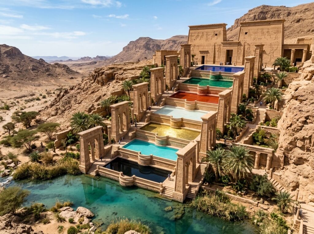 A terraced sandstone resort with carved pylons and seven colorful ceremonial pools descending toward a desert spring.