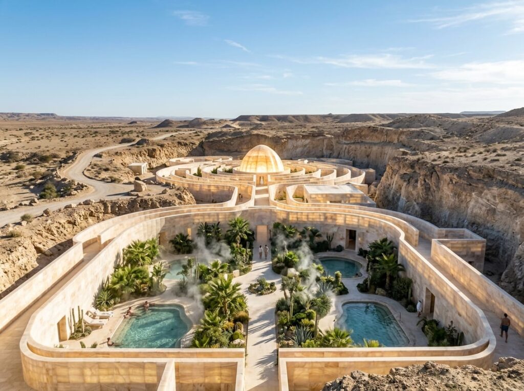 Exterior view of a desert spa hotel with glowing white walls forming a maze, surrounded by rocky terrain, steam gardens, and sunken baths.