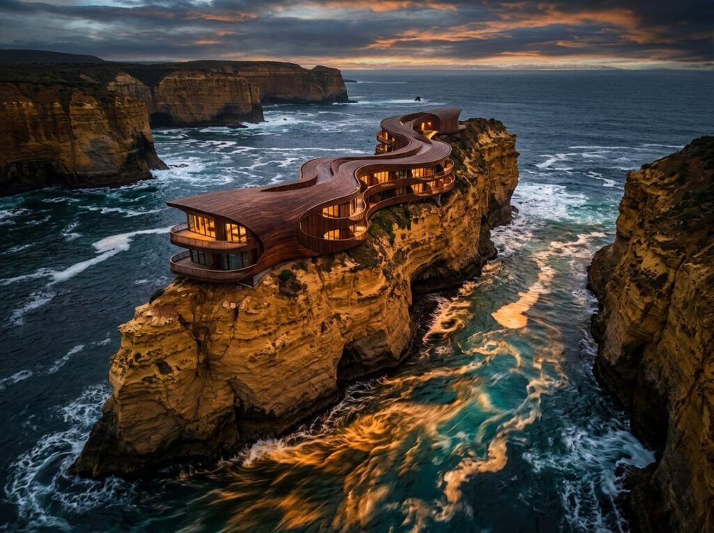 A wooden hotel with flowing ribbon-like shapes sits atop an ocher sea stack overlooking a narrow strait with glowing amber and teal water patterns.