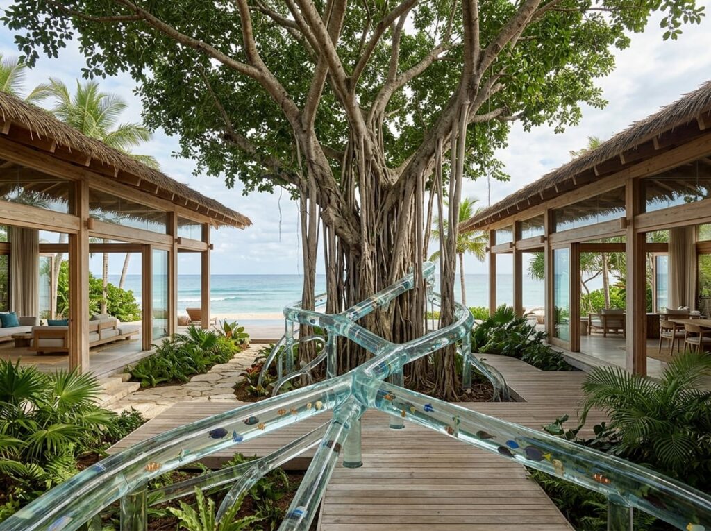 An airy coastal retreat built around a large banyan tree with glass aquarium tubes resembling tree roots filled with small reef fish, set by the beach with sand and greenery.